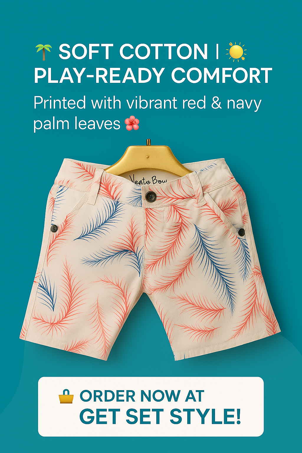 Boys’ Tropical Palm Leaf Printed Cotton Shorts – White Base