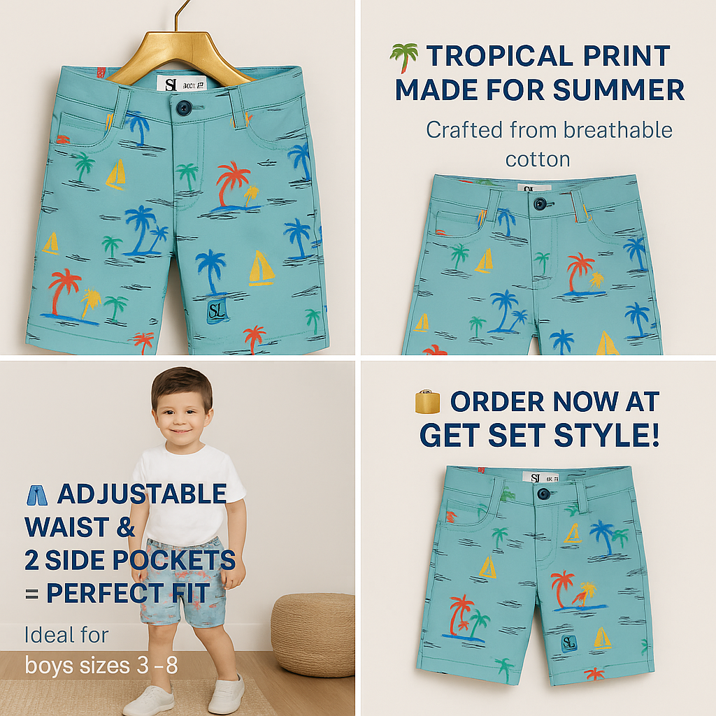 Boys’ Island Vibe Printed Cotton Shorts – Aqua Blue