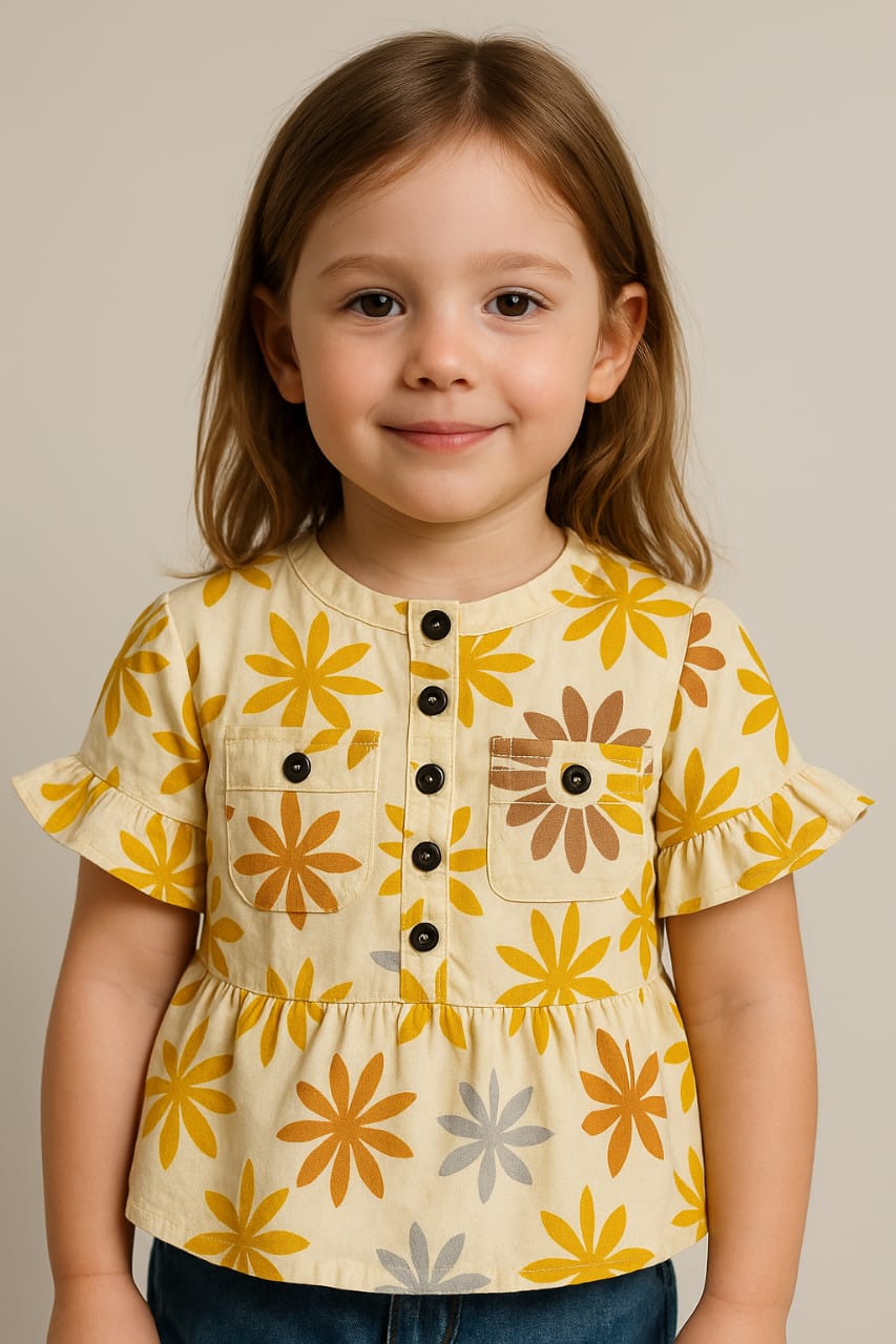 Girls' Ruffle Sleeve Floral Cotton Top β Base White
