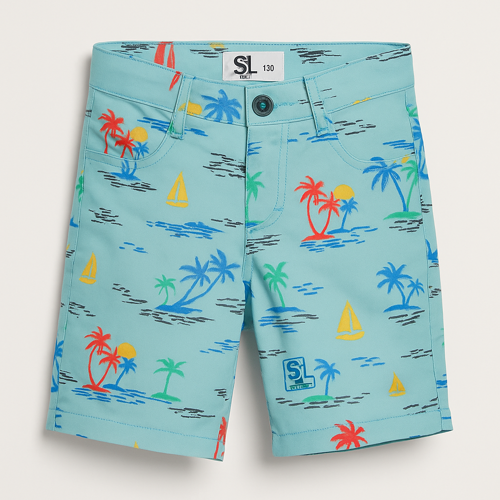 Boys’ Island Vibe Printed Cotton Shorts – Aqua Blue