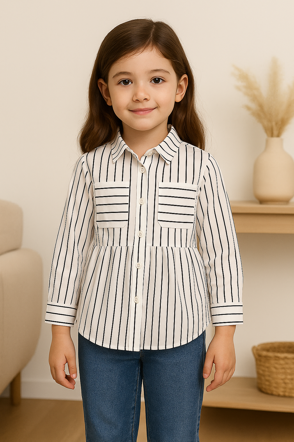 Girls' Monochrome Vertical Stripe Cotton Shirt – White & Black