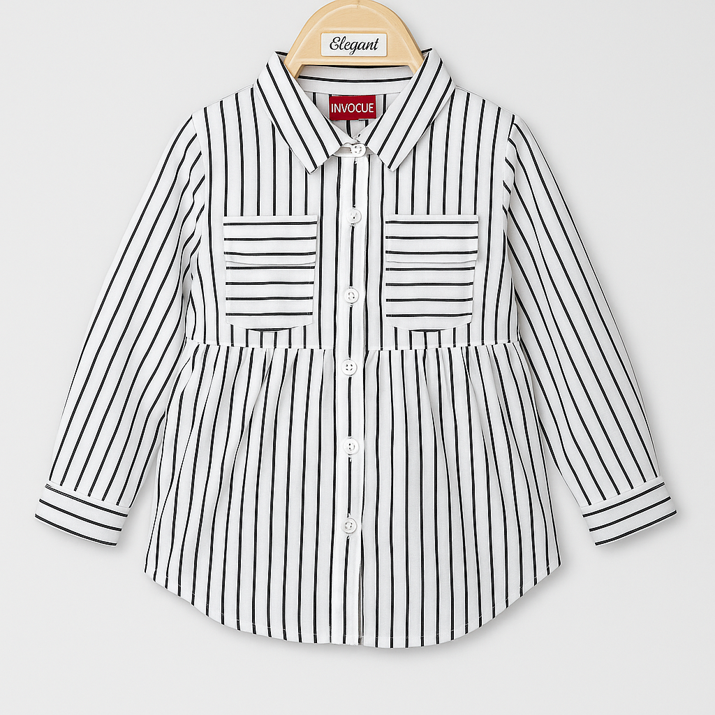 Girls' Monochrome Vertical Stripe Cotton Shirt – White & Black