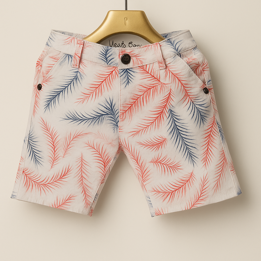 Boys’ Tropical Palm Leaf Printed Cotton Shorts – White Base