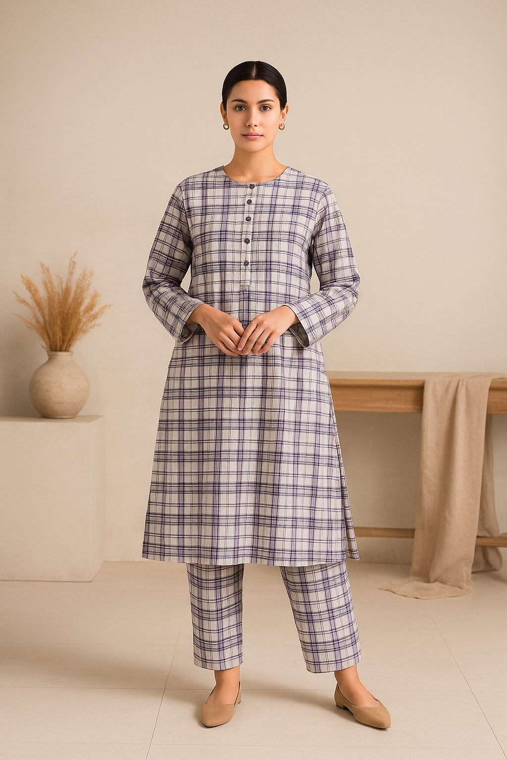 Elegant Lavender Checkered 2-Piece Lawn Suit – Women’s Wear