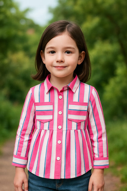 Girls' Full-Sleeve Candy Stripe Cotton Shirt – Pink & White