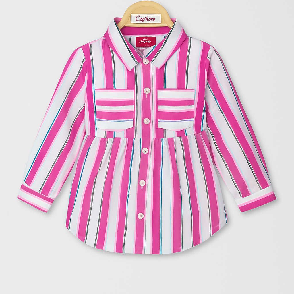 Girls' Full-Sleeve Candy Stripe Cotton Shirt – Pink & White