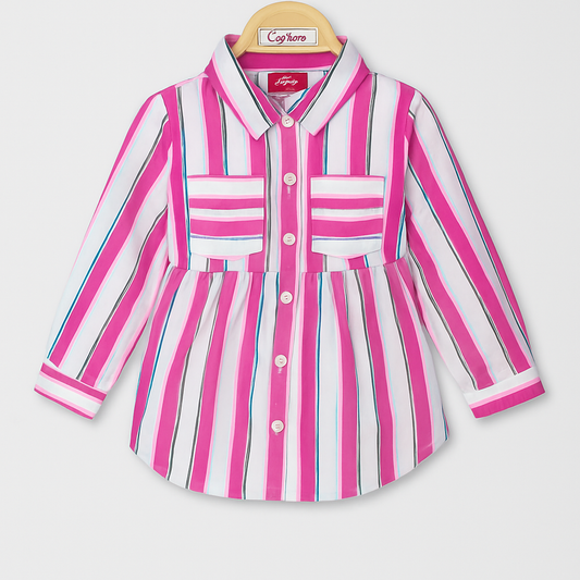 Girls' Full-Sleeve Candy Stripe Cotton Shirt – Pink & White