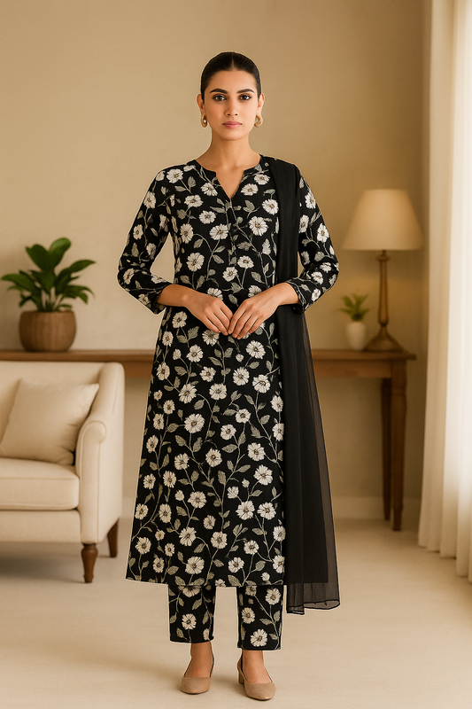 Noir Bloom – Black & White Floral 2-Piece Lawn Set