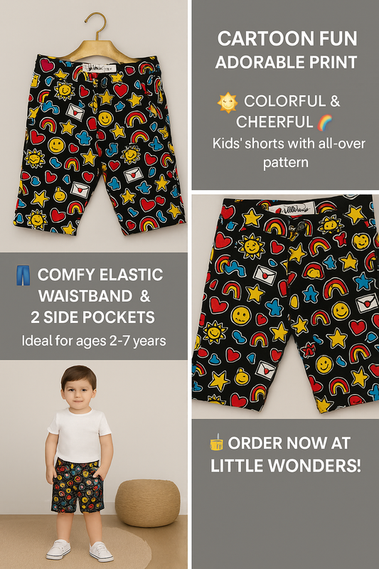 Kids' Fun Emoji Print Cotton Shorts – Black