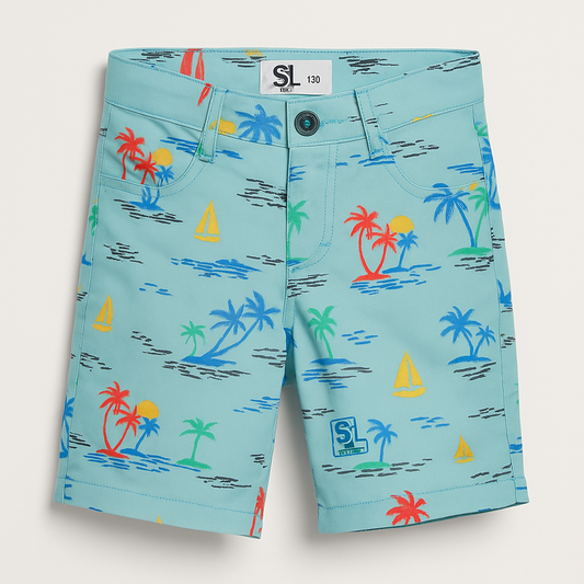 Boys’ Island Vibe Printed Cotton Shorts – Aqua Blue