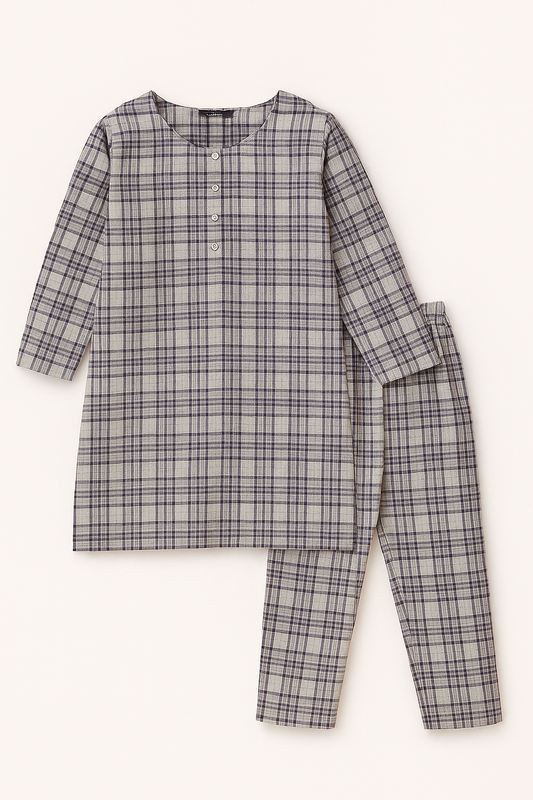 Elegant Lavender Checkered 2-Piece Lawn Suit – Women’s Wear