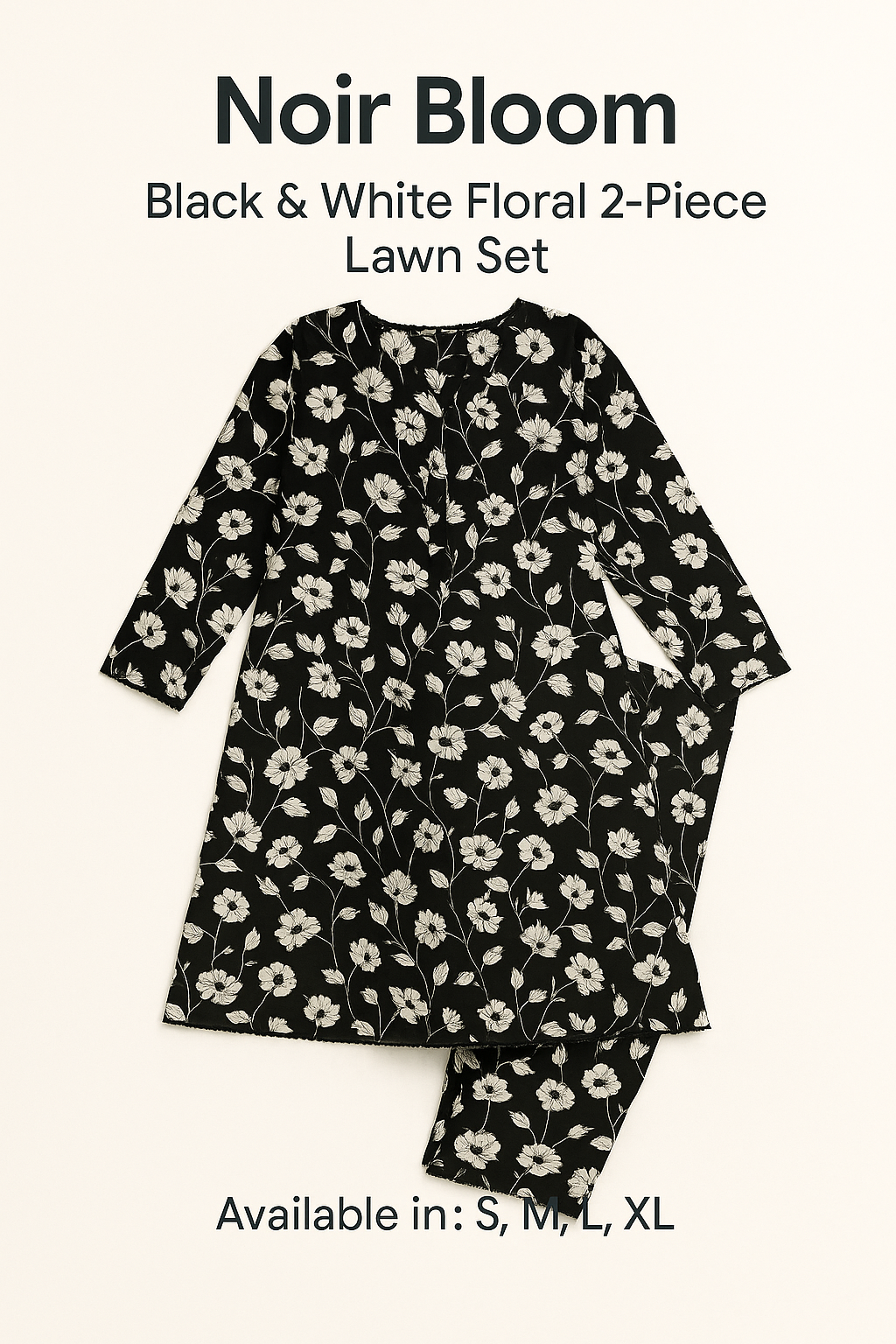 Noir Bloom – Black & White Floral 2-Piece Lawn Set